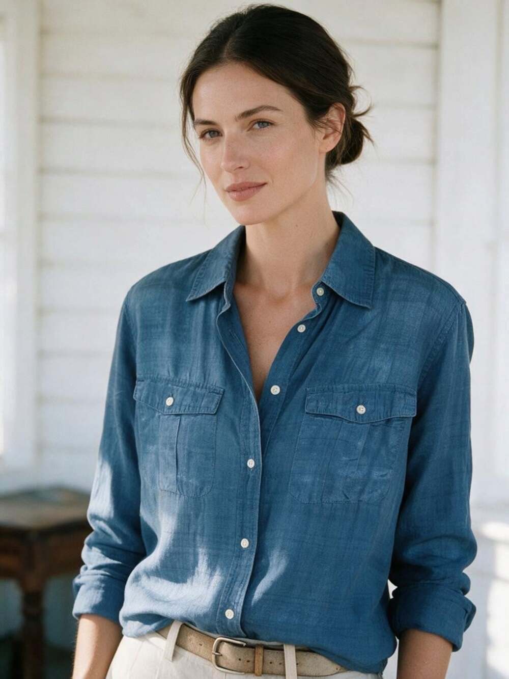 Lauren Ralph Lauren Womens XL Blue 100% Raw Silk Long Sleeve Button Down Shirt